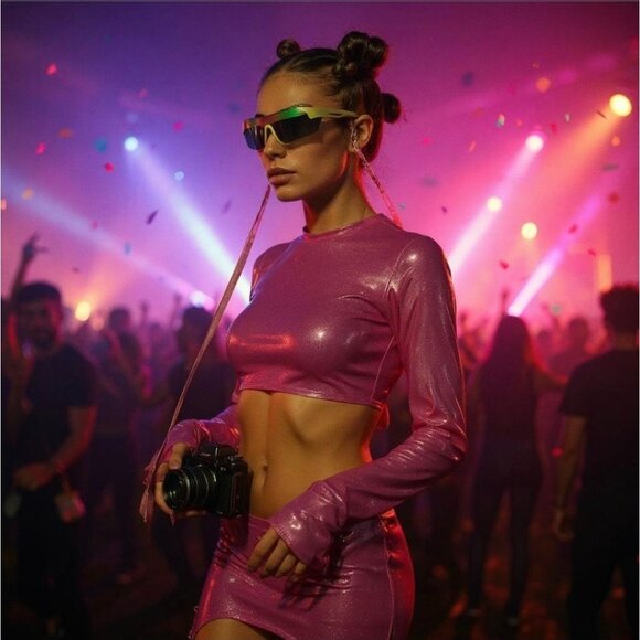 Club Exx “State of Trance” Festival Set – Metallic Pink Crop Top + Skirt Chaps M - Picture 5 of 9